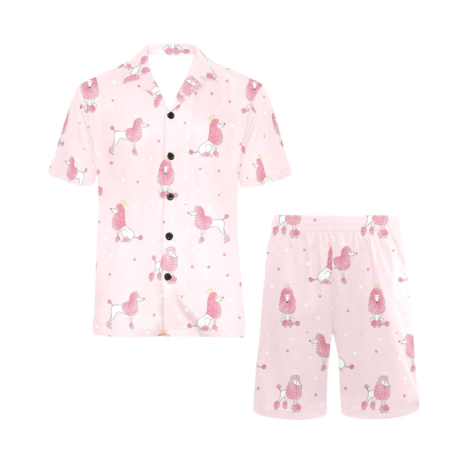 Poodle dog pink color theme Men's V-Neck Short Pajama Set