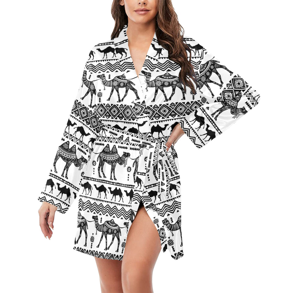 Camel polynesian tribal pattern Women's Long Sleeve Belted Night Robe