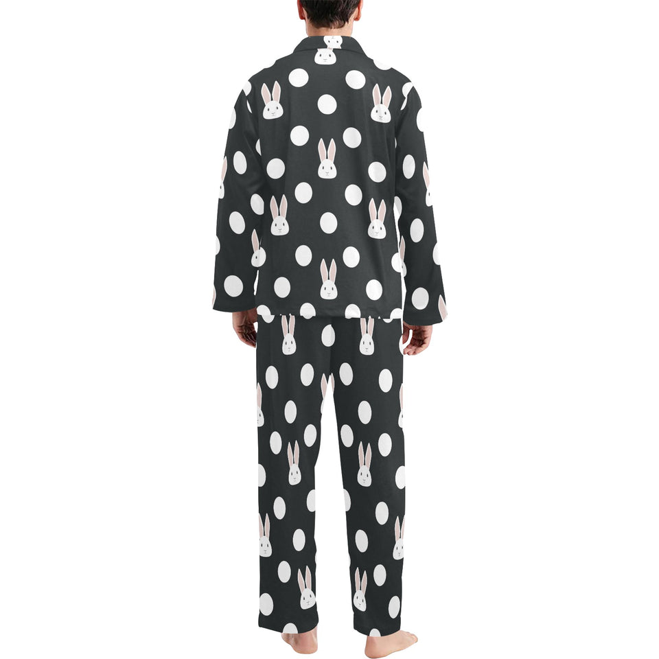 Cute white rabbit polka dots black background Men's Long Pajama Set