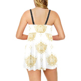 Gold Ornamental lotue waterlily symbol pattern Chest Sexy Pleated Two Piece Swim Dress