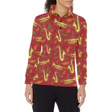 Saxophone cornet pattern red background Women's Long Sleeve Polo Shirt