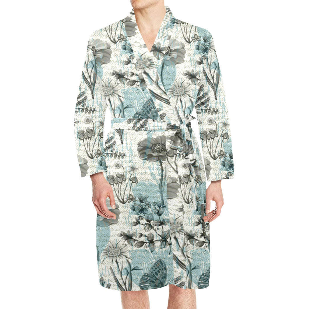 Dragonfly Butterfly Plants insect flower vintage s Men's Long Sleeve Belted Night Robe