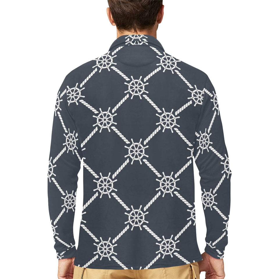 nautical steering wheel rope pattern Men's Long Sleeve Polo Shirt