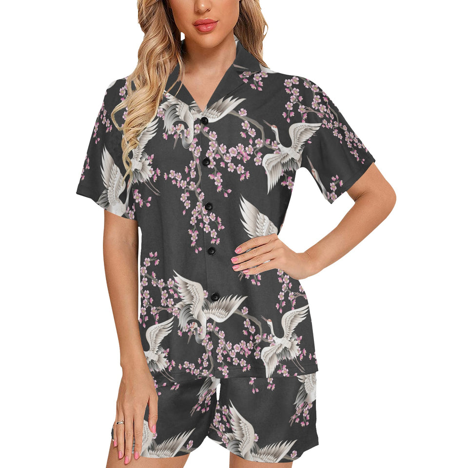 Japanese crane pink sakura pattern Women's V-Neck Short Pajama Set