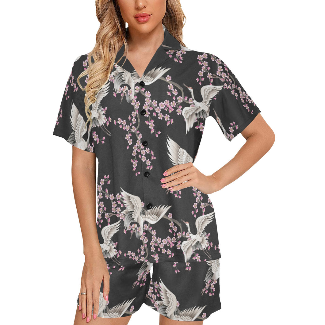 Japanese crane pink sakura pattern Women's V-Neck Short Pajama Set