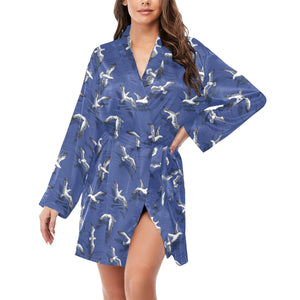 Seagull Pattern Print Design 03 Women's Long Sleeve Belted Night Robe
