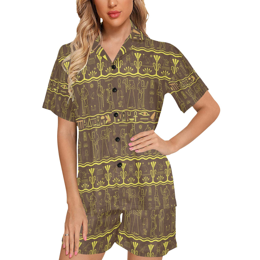 Egypt Hieroglyphics Pattern Print Design 03 Women's V-Neck Short Pajama Set