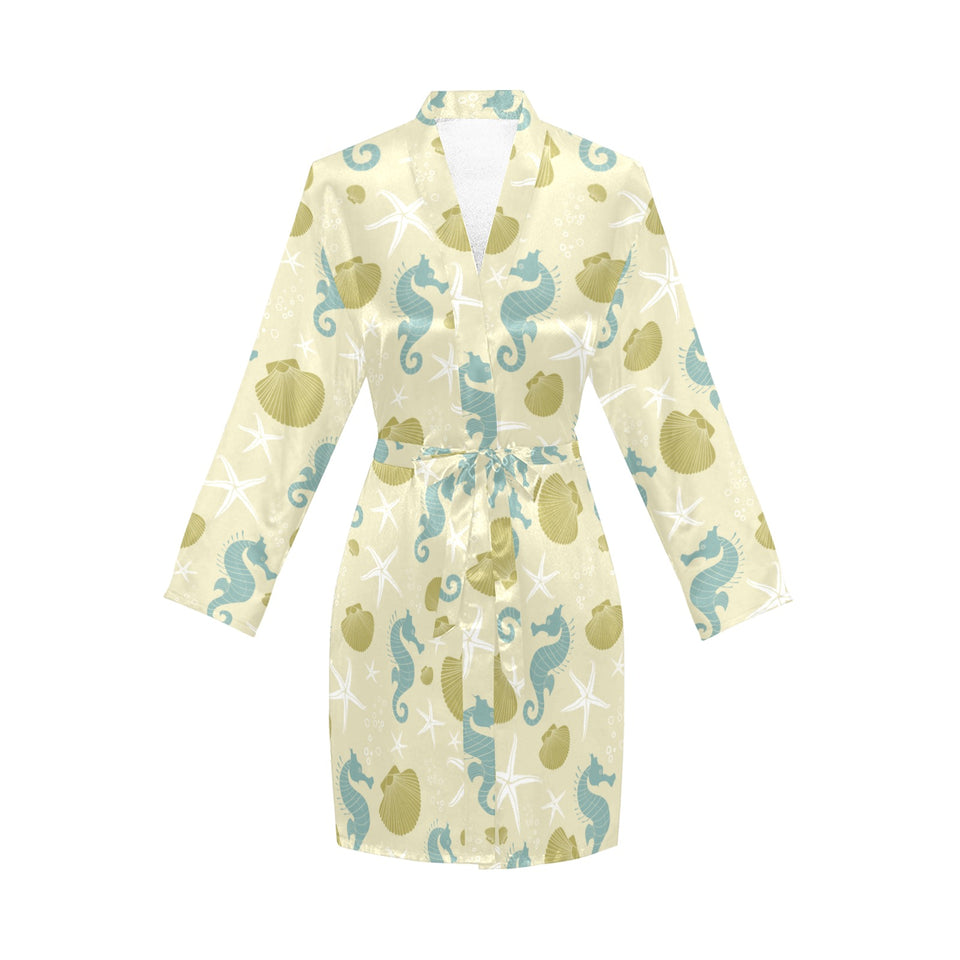 Seahorse shell starfish pattern background Women's Long Sleeve Belted Night Robe