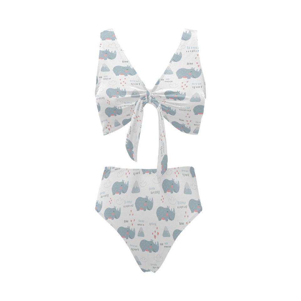 cute rhino heart pattern Chest Bowknot High Waisted Bikini Swimsuit