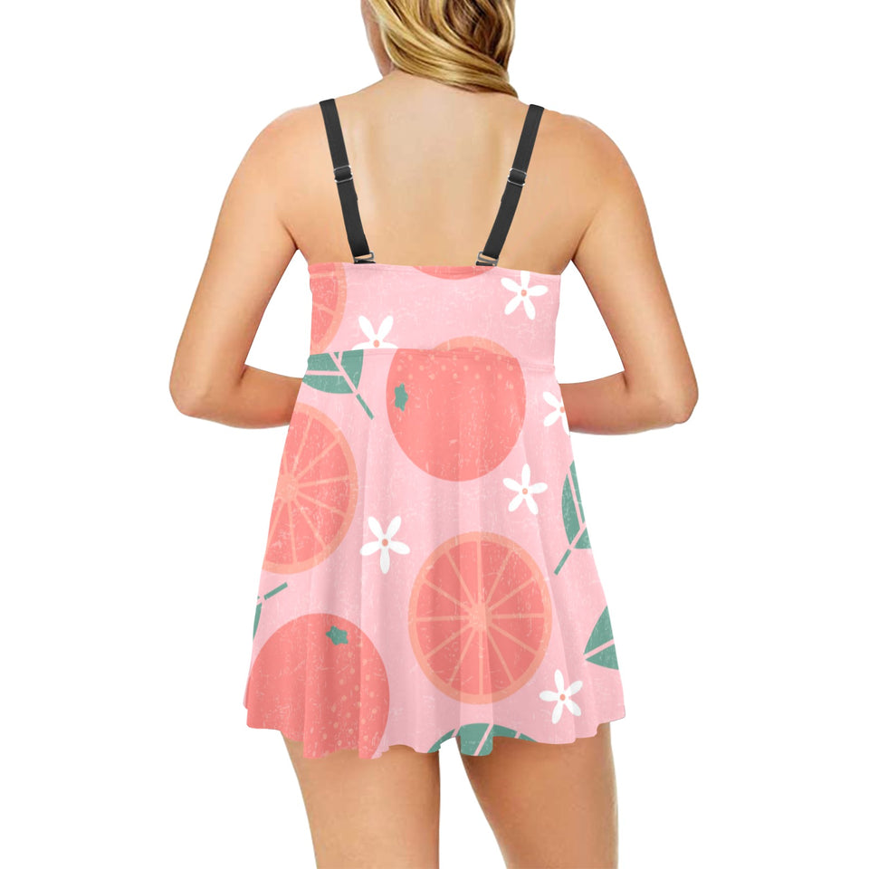 Grapefruit leaves flower pink background Chest Sexy Pleated Two Piece Swim Dress