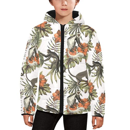 Monkey red hibiscus flower palm leaves floral patt Kids' Boys' Girls' Padded Hooded Jacket