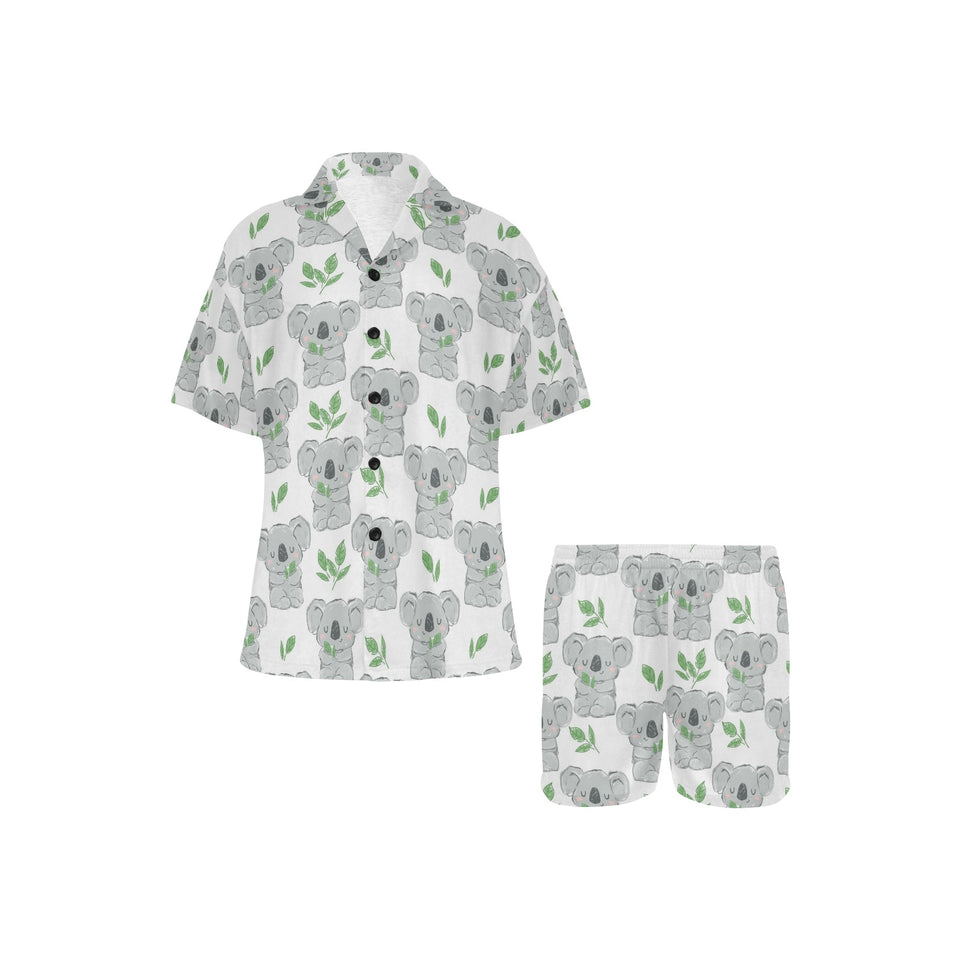 Hand drawn Koala leaves pattern Women's V-Neck Short Pajama Set