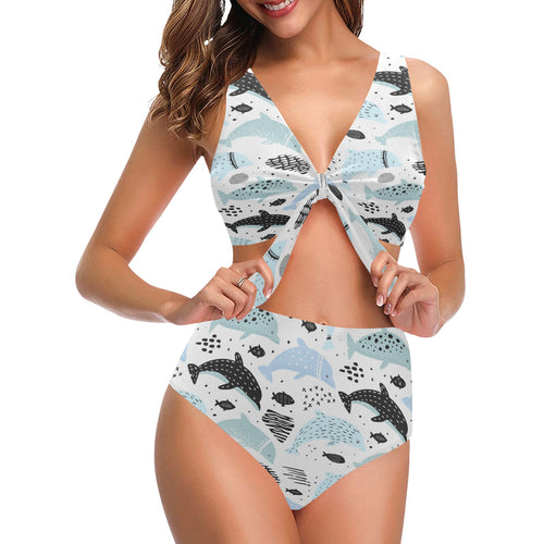 Cute dolphins Childish Style pattern Chest Bowknot High Waisted Bikini Swimsuit