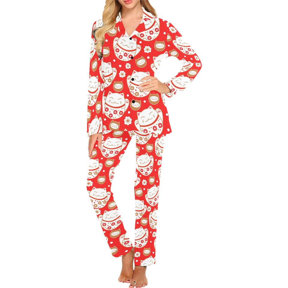 Cute Maneki neko cat red background Women's Long Pajama Set
