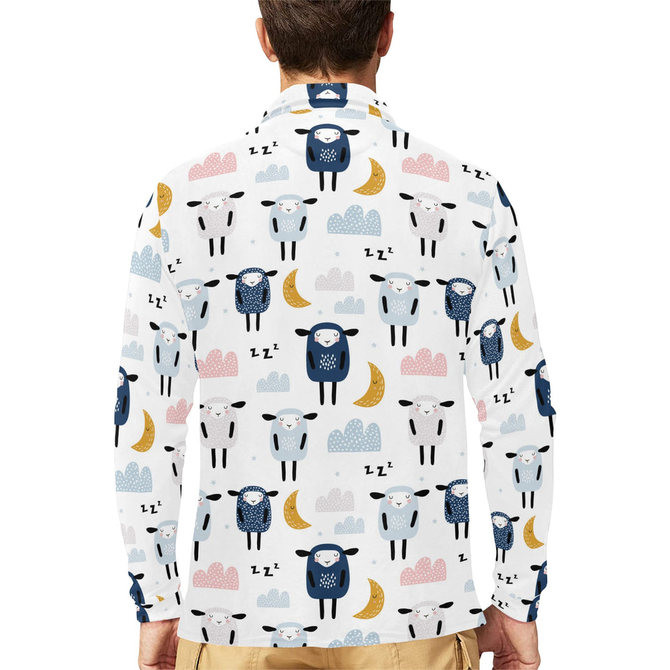 Cute sleeping sheep moon cloud pattern Men's Long Sleeve Polo Shirt
