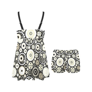 Gear Pattern Print Design 02 Chest Sexy Pleated Two Piece Swim Dress