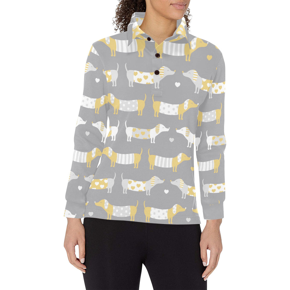 Cute dachshund dog pattern Women's Long Sleeve Polo Shirt