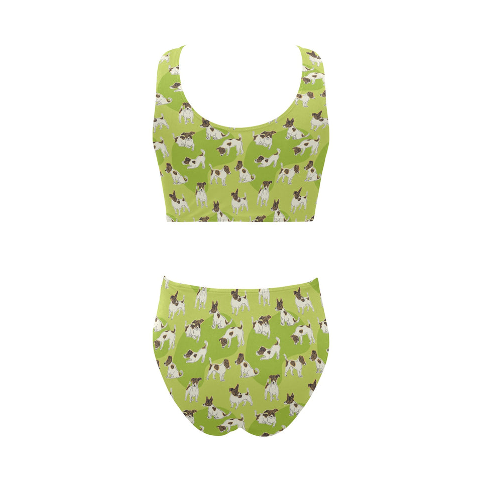 Jack Russel Pattern Print Design 01 Chest Bowknot High Waisted Bikini Swimsuit