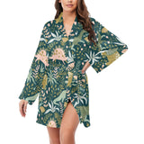 dinosaurs tropical leaves flower pattern Women's Long Sleeve Belted Night Robe