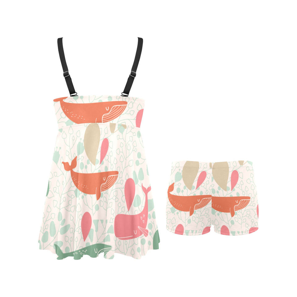 Cute whale pattern Chest Sexy Pleated Two Piece Swim Dress