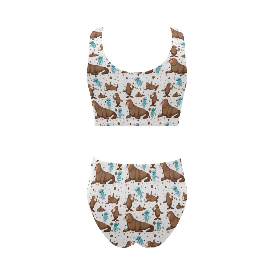 sea lion Seals jellyfish pattern Chest Bowknot High Waisted Bikini Swimsuit