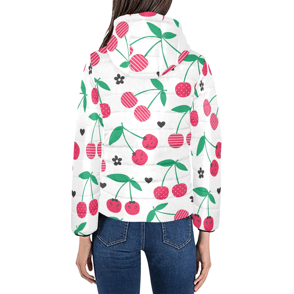 cherry pattern white background Women's Padded Hooded Jacket