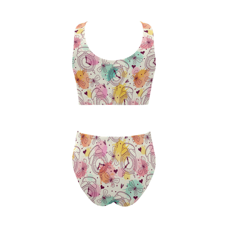 Clock butterfly pattern Chest Bowknot High Waisted Bikini Swimsuit