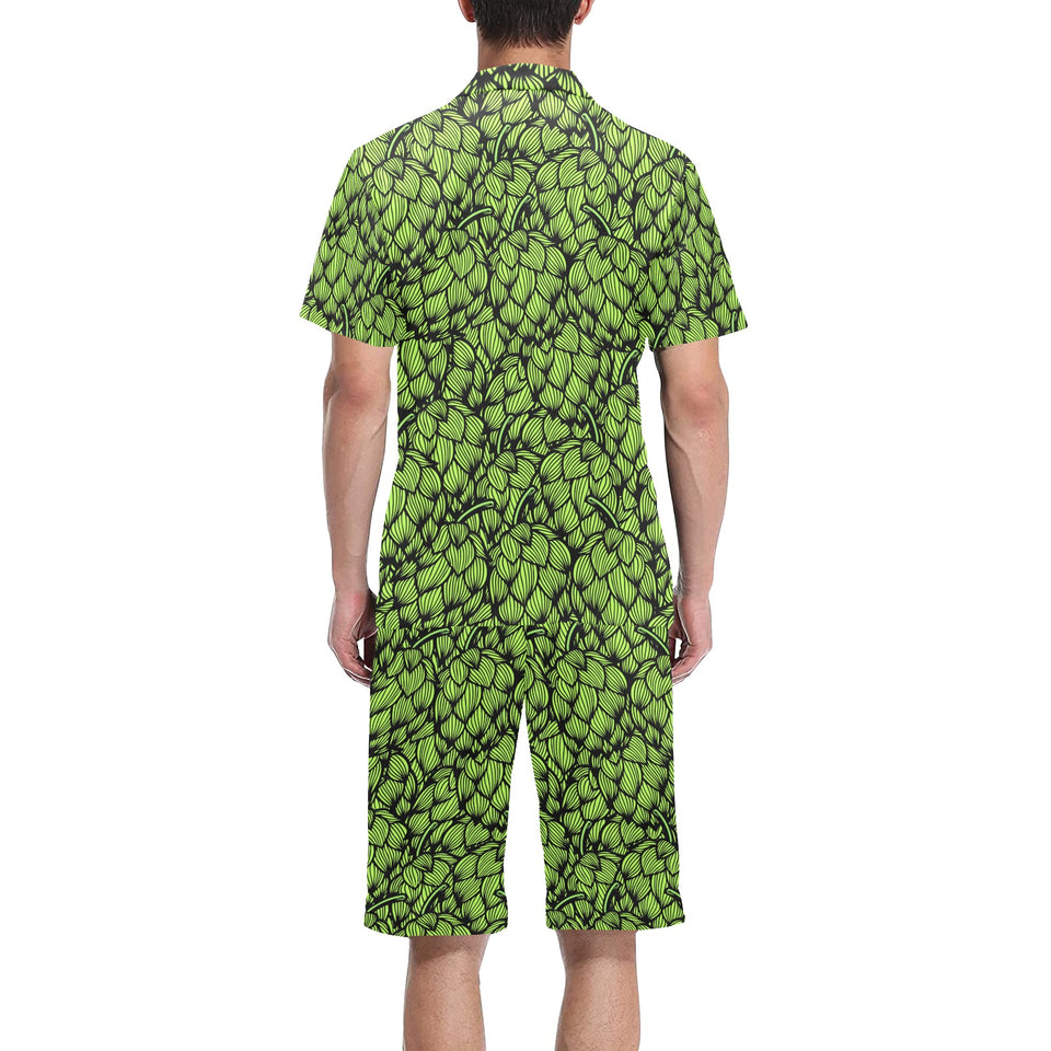 Green hop pattern Men's V-Neck Short Pajama Set