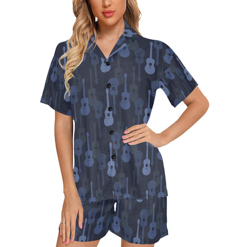 Blue Theme guitar pattern Women's V-Neck Short Pajama Set