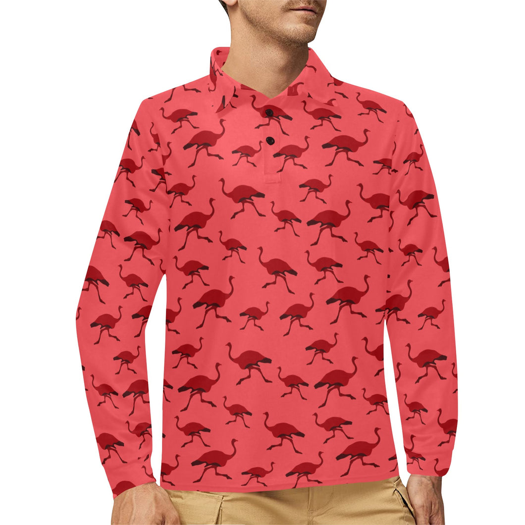 Ostrich Pattern Print Design 03 Men's Long Sleeve Polo Shirt
