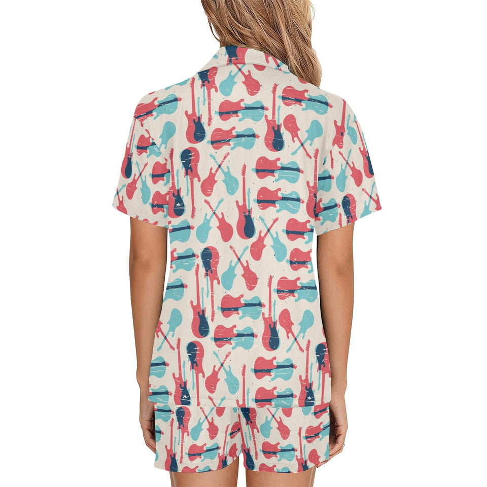 Red Blue guitar pattern Women's V-Neck Short Pajama Set