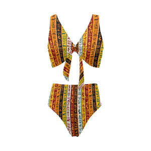 Egypt Hieroglyphics Pattern Print Design 01 Chest Bowknot High Waisted Bikini Swimsuit