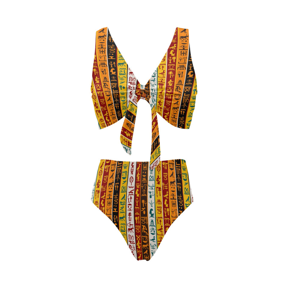 Egypt Hieroglyphics Pattern Print Design 01 Chest Bowknot High Waisted Bikini Swimsuit