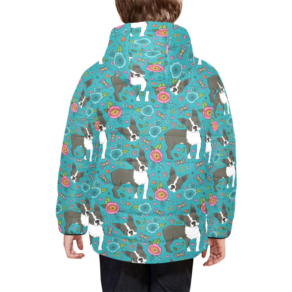 Boston terrier beautiful flower pattern Kids' Boys' Girls' Padded Hooded Jacket