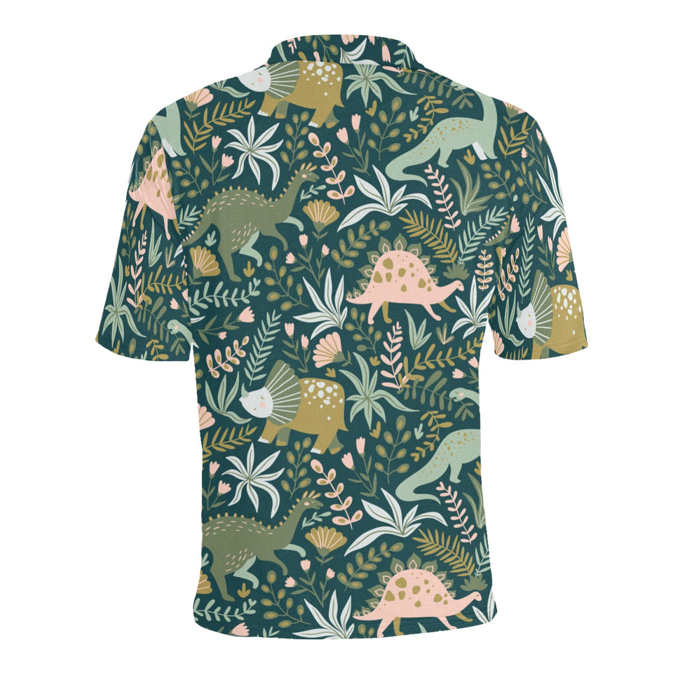 dinosaurs tropical leaves flower pattern Men's All Over Print Polo Shirt