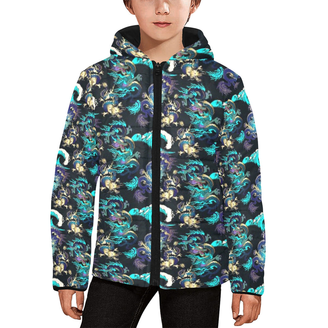 Dragon sea wave pattern Kids' Boys' Girls' Padded Hooded Jacket