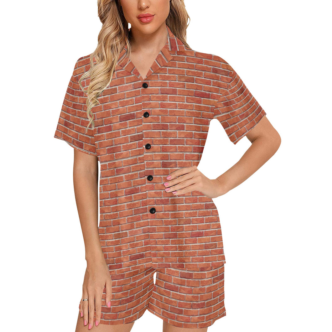 Brick Printed Pattern Print Design 03 Women's V-Neck Short Pajama Set