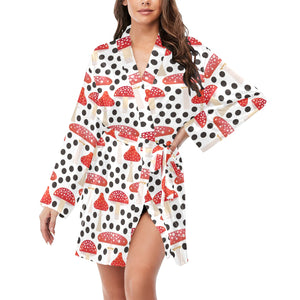 Red mushroom dot pattern Women's Long Sleeve Belted Night Robe