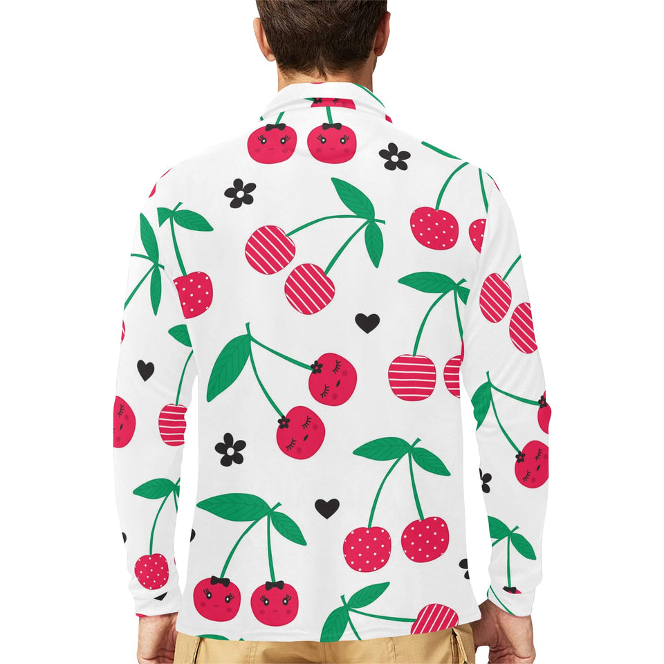 cherry pattern white background Men's Long Sleeve Polo Shirt