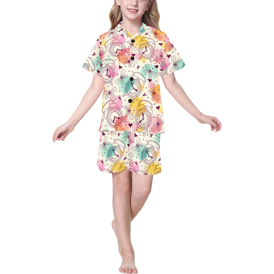 Clock butterfly pattern Kids' Boys' Girls' V-Neck Short Pajama Set