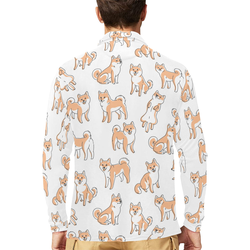 shiba inu dog pattern Men's Long Sleeve Polo Shirt