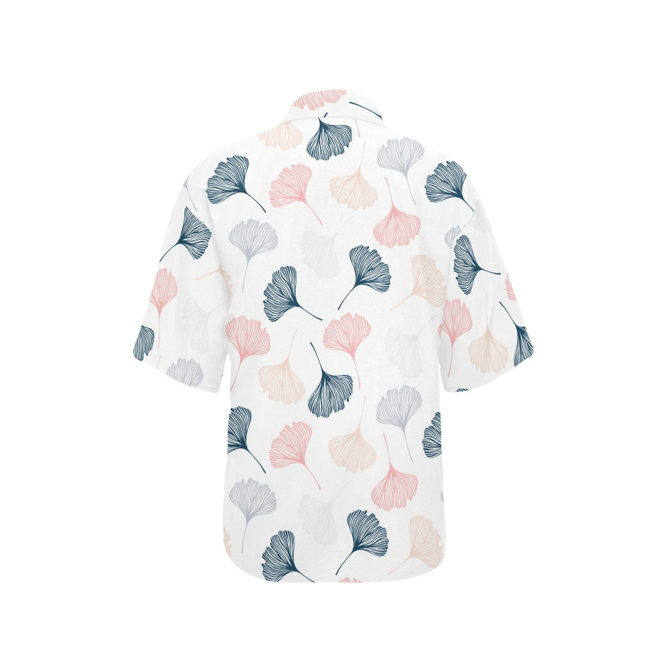 Black Gray Cream coral ginkgo leaves pattern Women's All Over Print Hawaiian Shirt