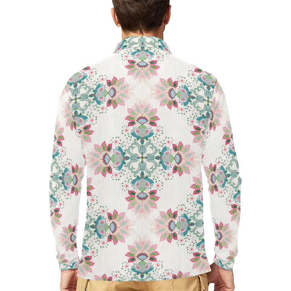 Square floral indian flower pattern Men's Long Sleeve Polo Shirt