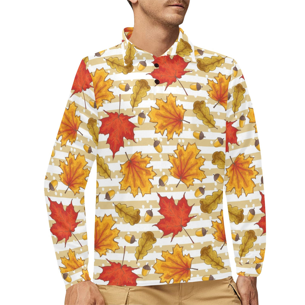 Maple leaf oak leaf acorns beige striped backgroun Men's Long Sleeve Polo Shirt