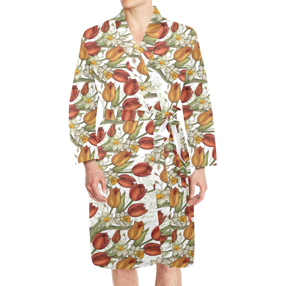 Red tulips and daffodils pattern Men's Long Sleeve Belted Night Robe