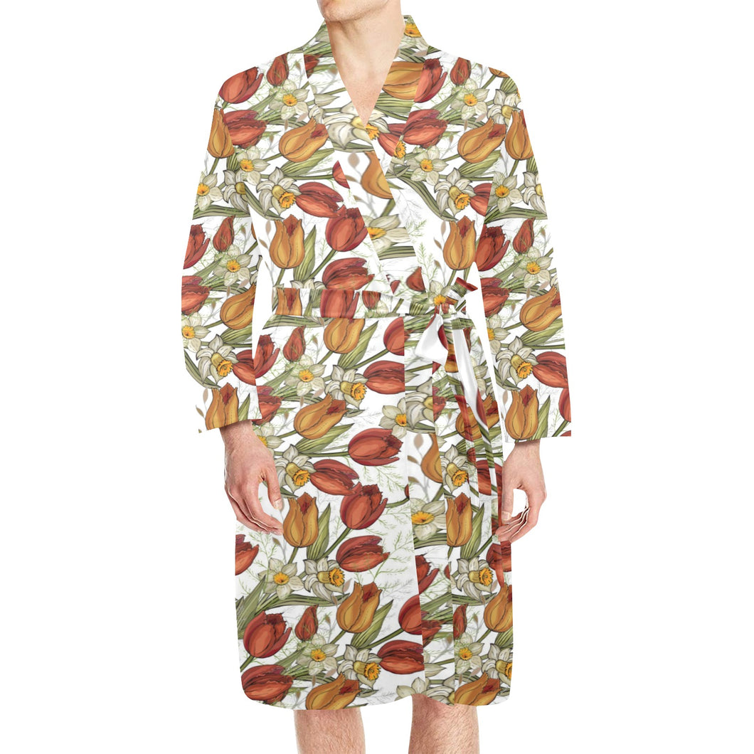 Red tulips and daffodils pattern Men's Long Sleeve Belted Night Robe
