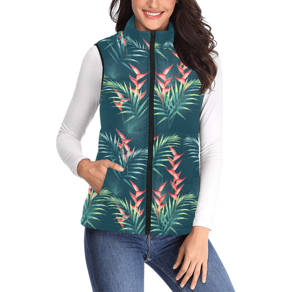 heliconia flowers, palm and monstera leaves on bla Women's Padded Vest