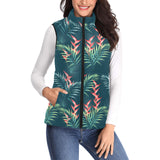 heliconia flowers, palm and monstera leaves on bla Women's Padded Vest