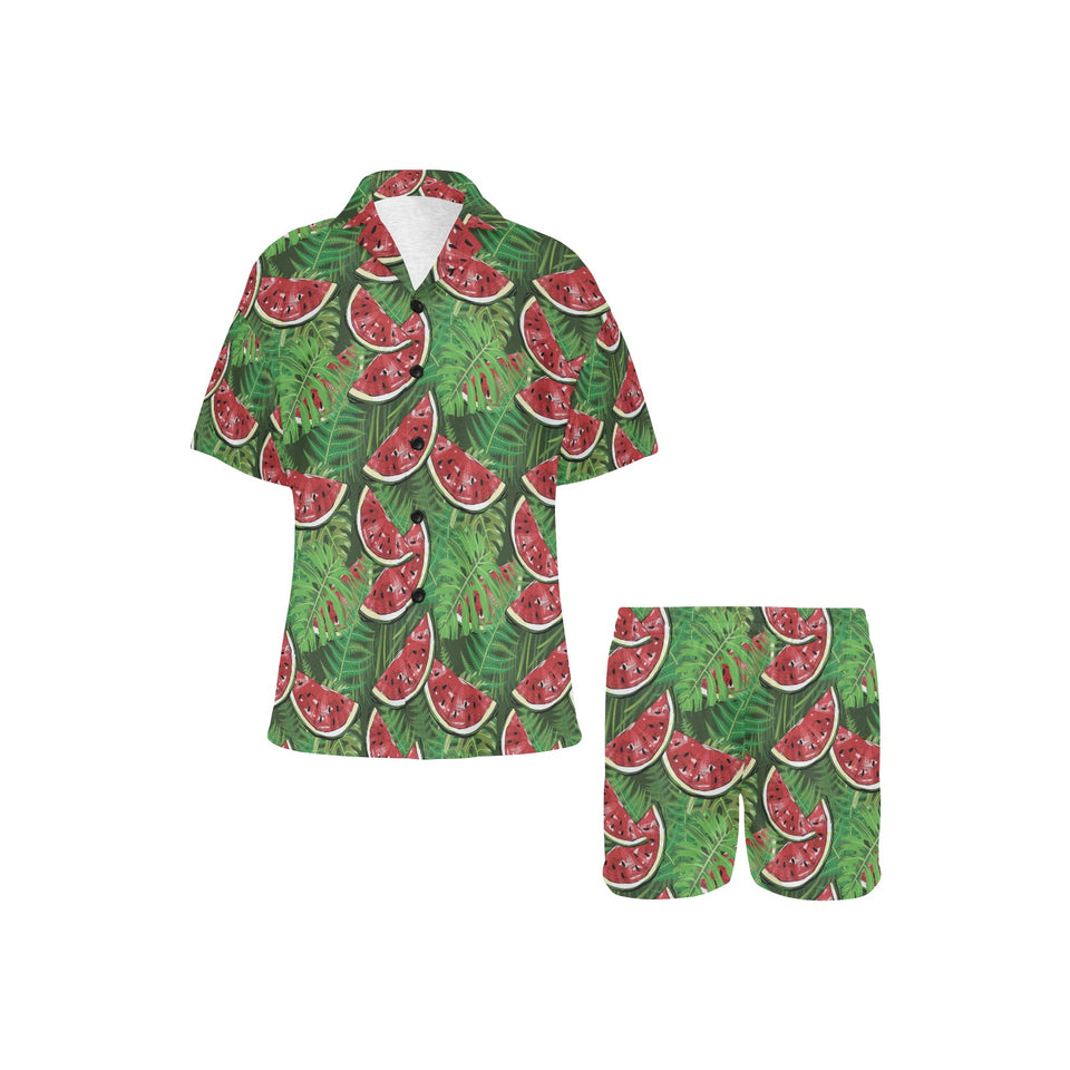 Watermelons tropical palm leaves pattern backgroun Women's V-Neck Short Pajama Set
