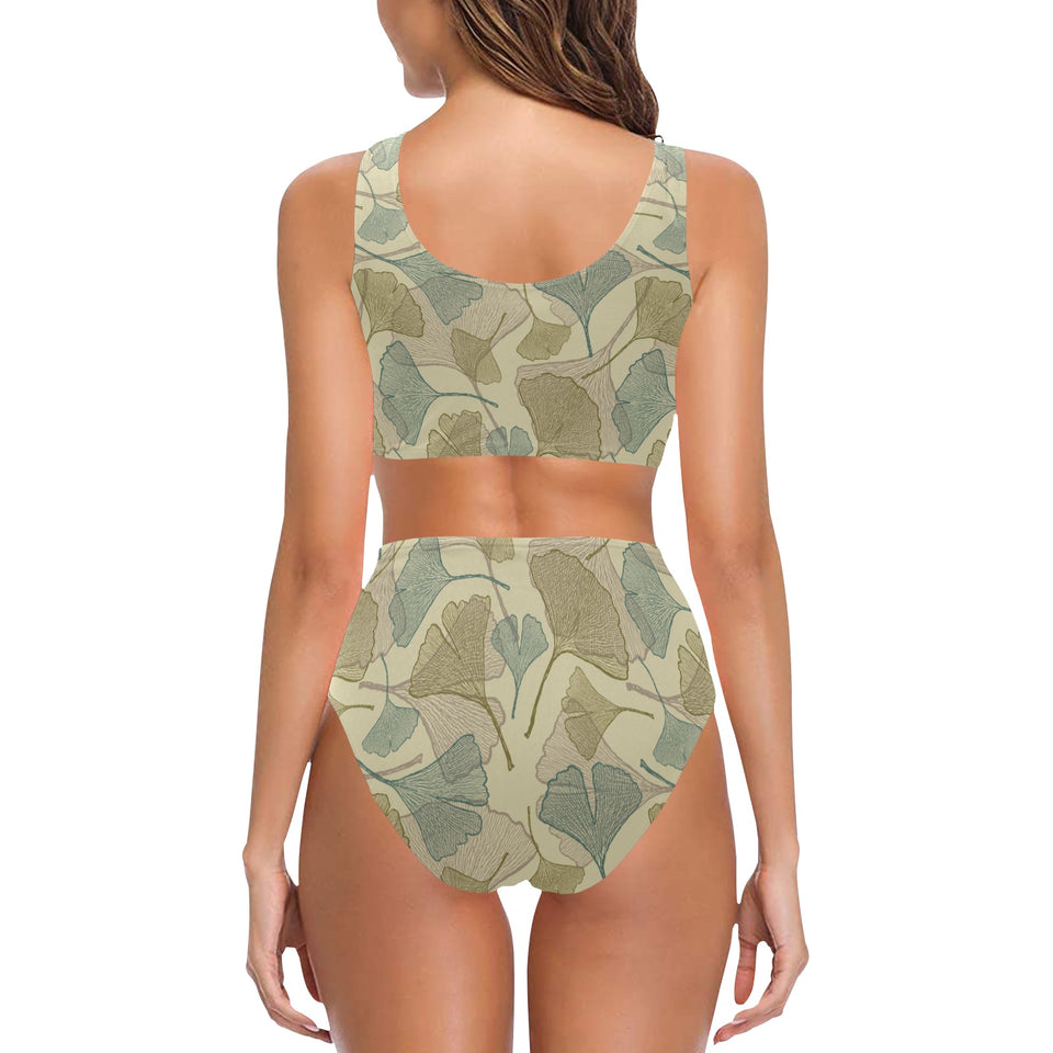 Ginkgo leaves design pattern Chest Bowknot High Waisted Bikini Swimsuit